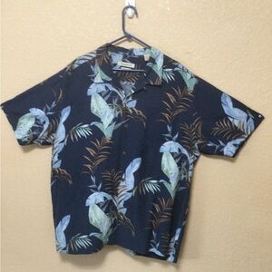 Tommy Bahama Navy Tropical Print Shirt 100% Silk, EUC